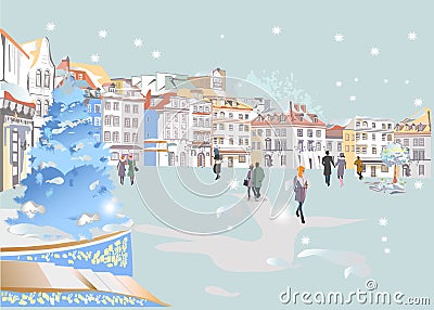 Series of colorful street views in the old city in winter. Vector Illustration